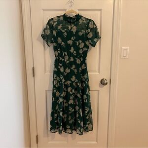 Lulu's Green Floral Midi Dress with Cream Print